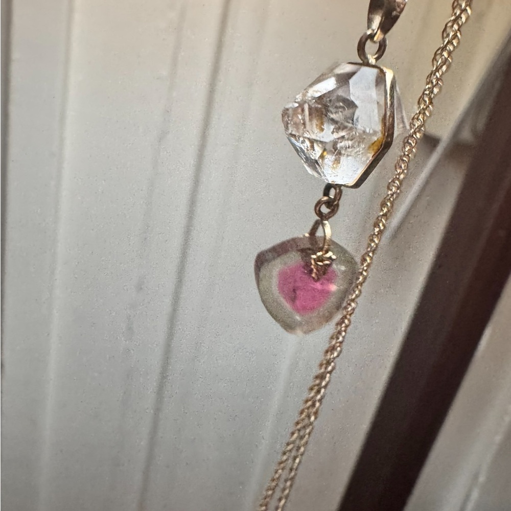 Rare solid 14k gold genuine watermelon tourmaline/herkimer diamond necklace$1890 - Picture 11 of 14
